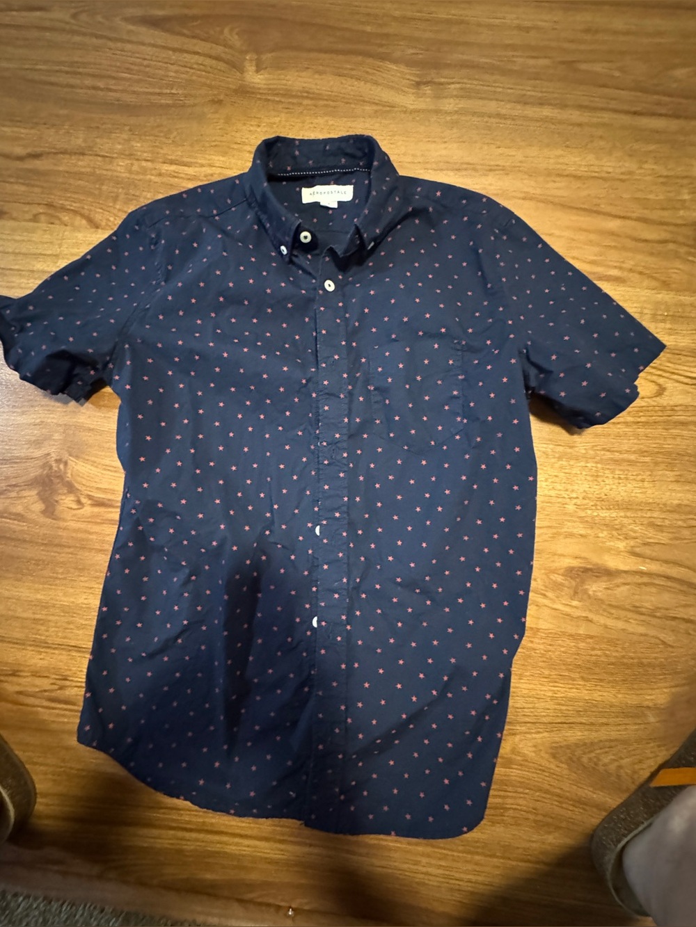 Aeropostale Navy Short-Sleeve Button-Down with Red Star Print